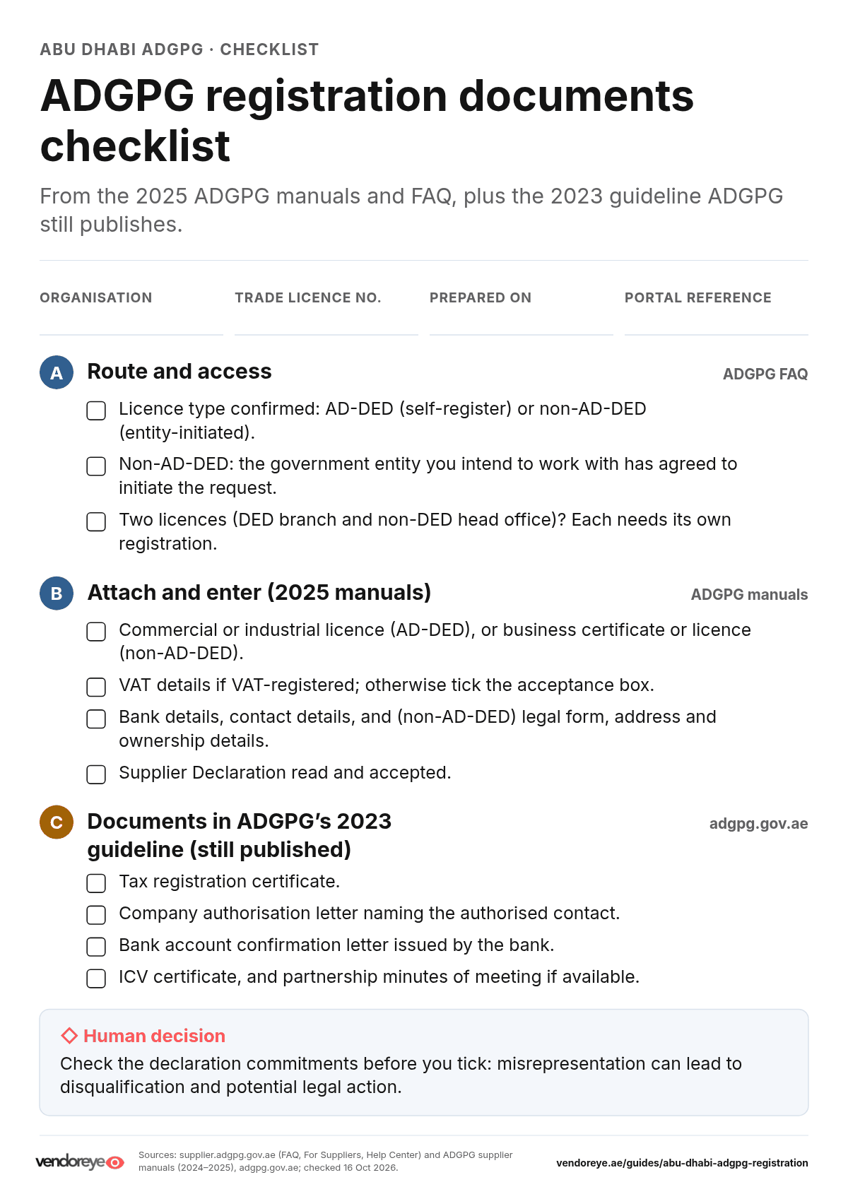 ADGPG registration checklist: route, licence, VAT, bank, ownership, declaration and supporting documents
