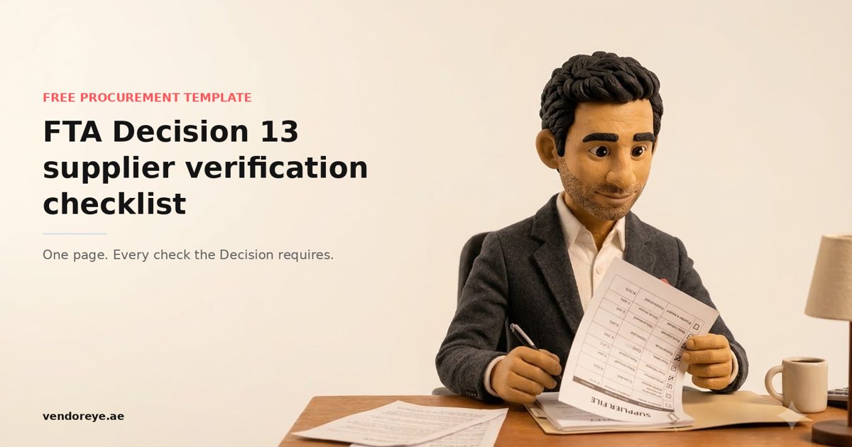 Vik, the Vendoreye agent, reviewing a supplier file and ticking an FTA Decision 13 checklist