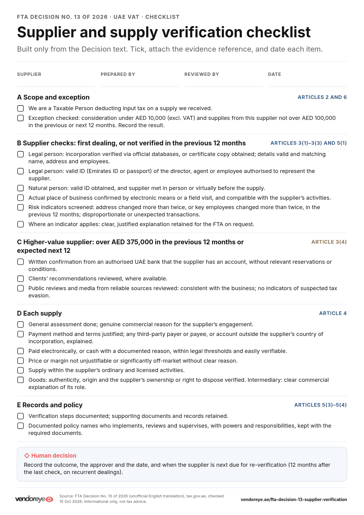 One-page FTA Decision 13 checklist: scope and exception, supplier checks, higher-value checks, per-supply checks, records and human sign-off