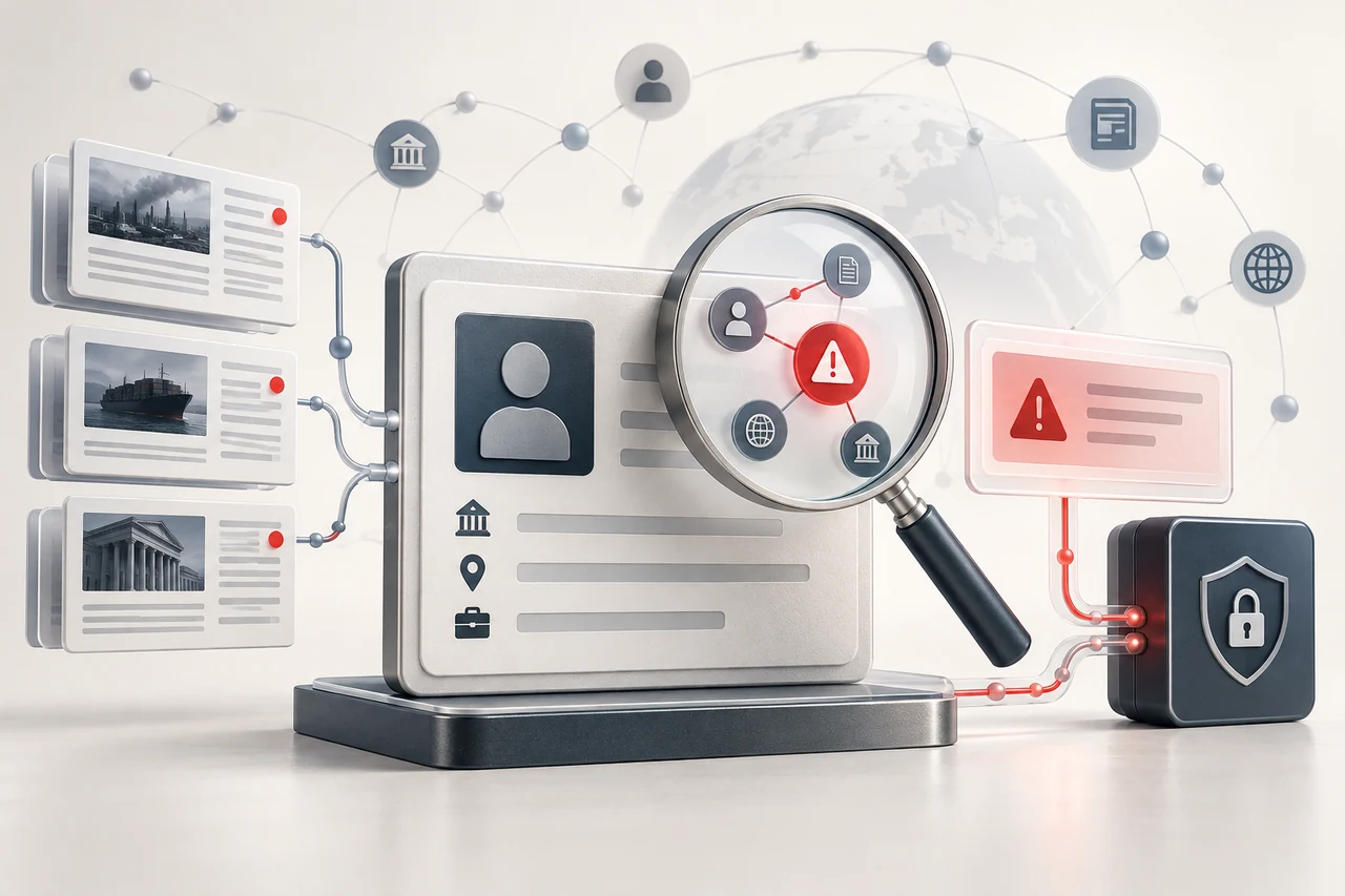 Abstract business identity and media sources being assessed through a secure screening service