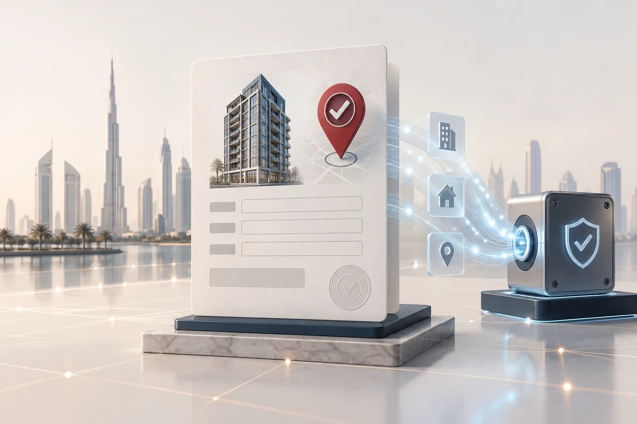 Abstract Dubai property record and location pin passing through a secure address verification service