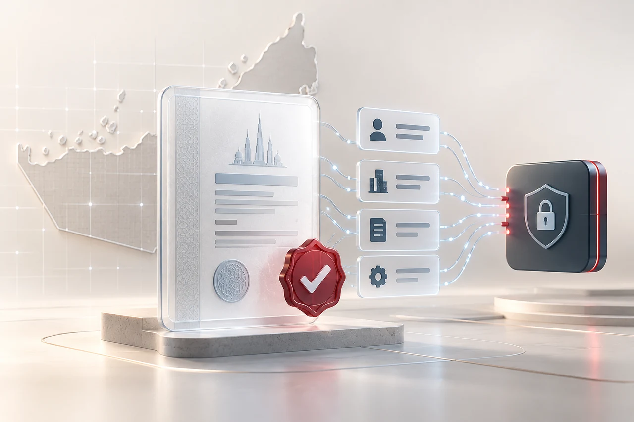 Abstract UAE trade licence record flowing through a secure verification service