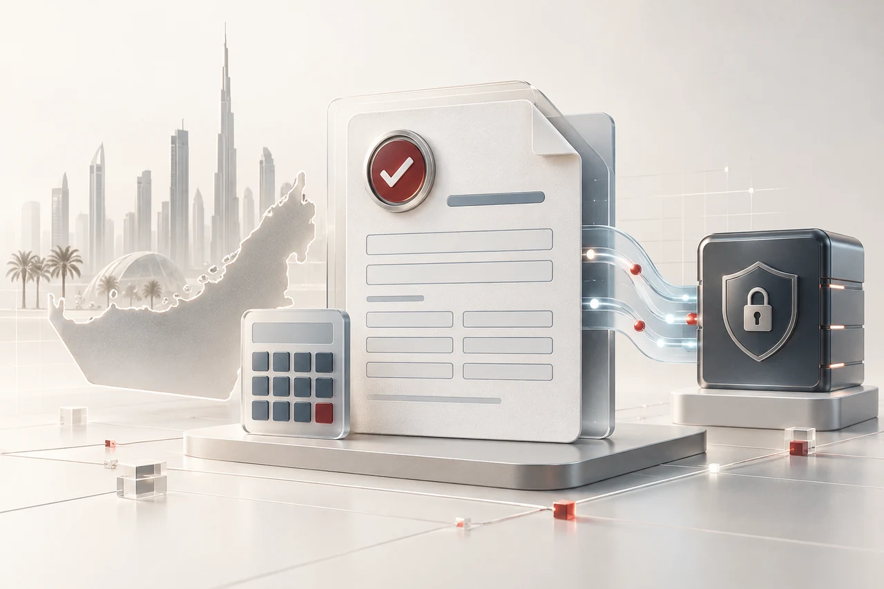Abstract UAE VAT registration record flowing through a secure verification service