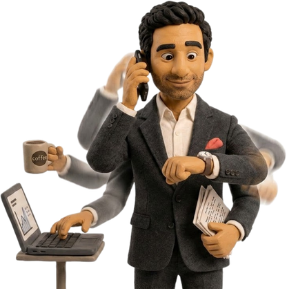 Vik coordinating procurement work with a phone, laptop and documents