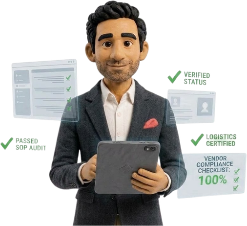 Vik holding a tablet beside illustrated compliance checks