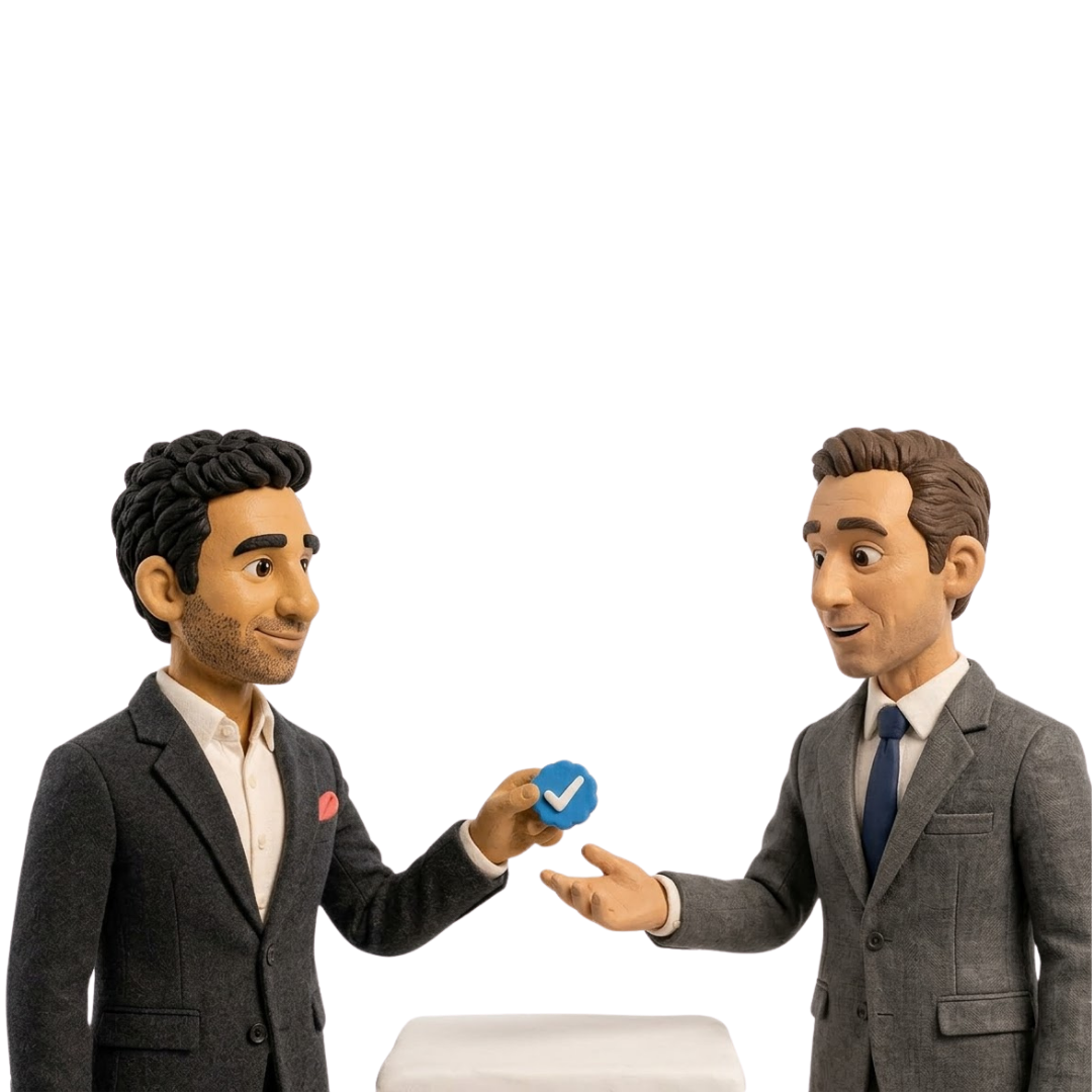 Vik presenting a verification badge to a vendor