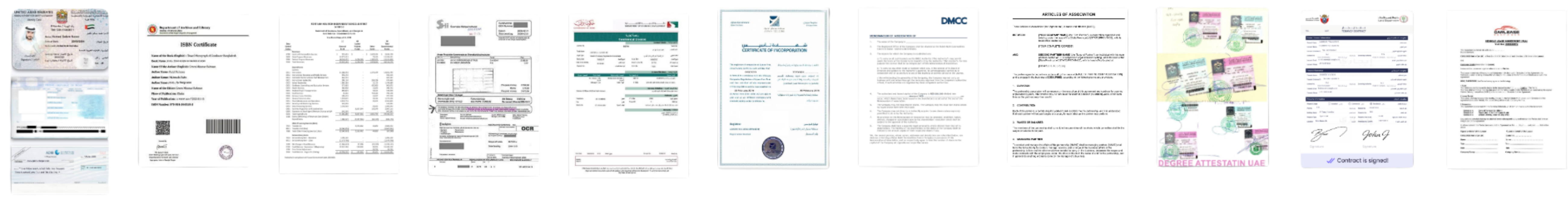 Examples of identity cards, registration certificates, invoices, tax records, incorporation certificates, contracts, attestations and company documents processed by VAI